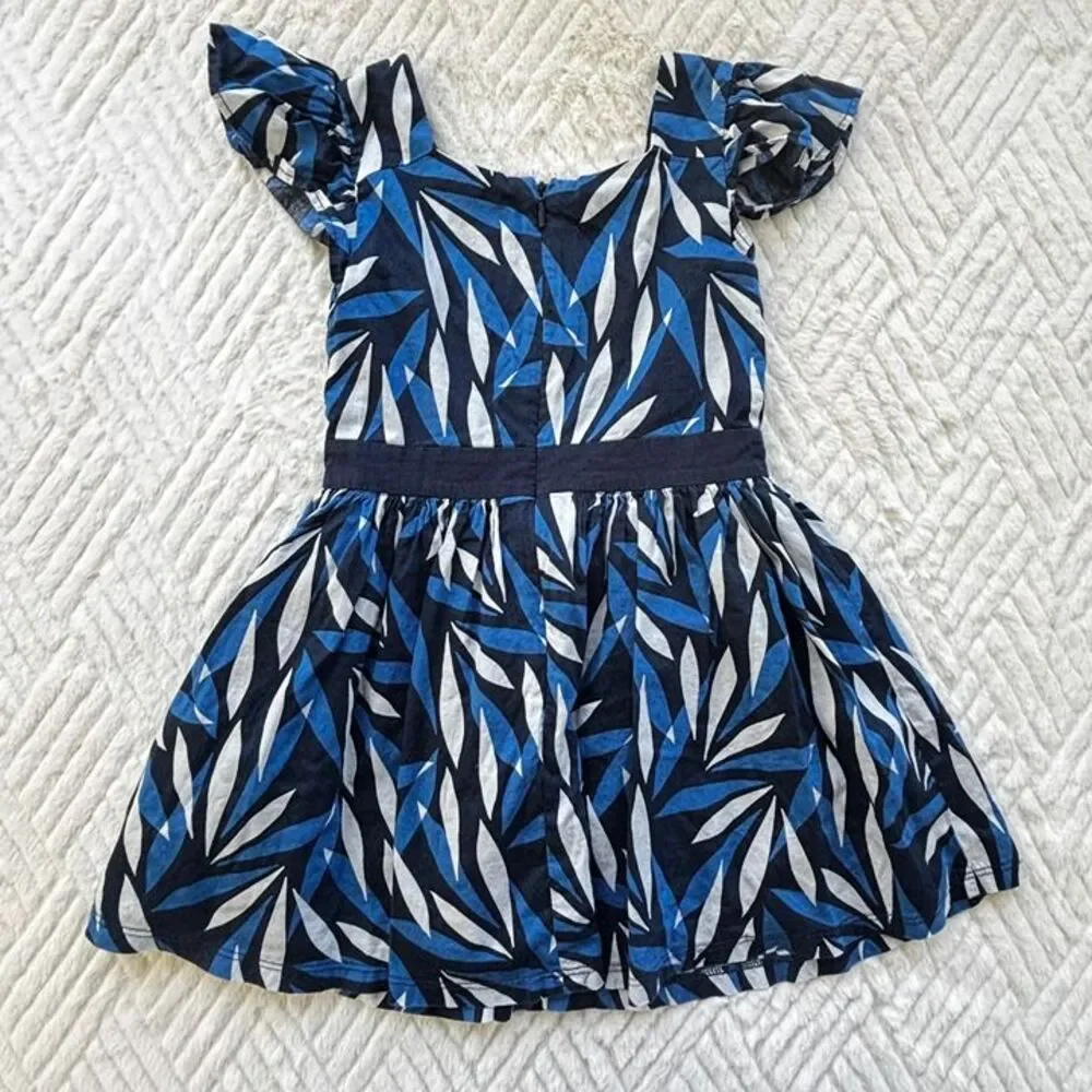 Okaidi Girls Size 5Y Blue Leaf Print Dress Flutter Sleeve Lined Cotton